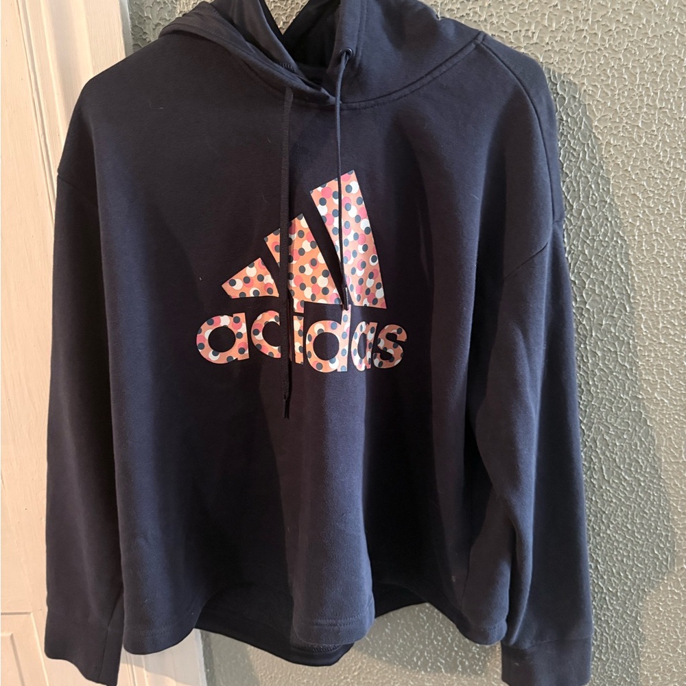 NWOT Adidas Navy Hoodie with Polka Dot Logo
